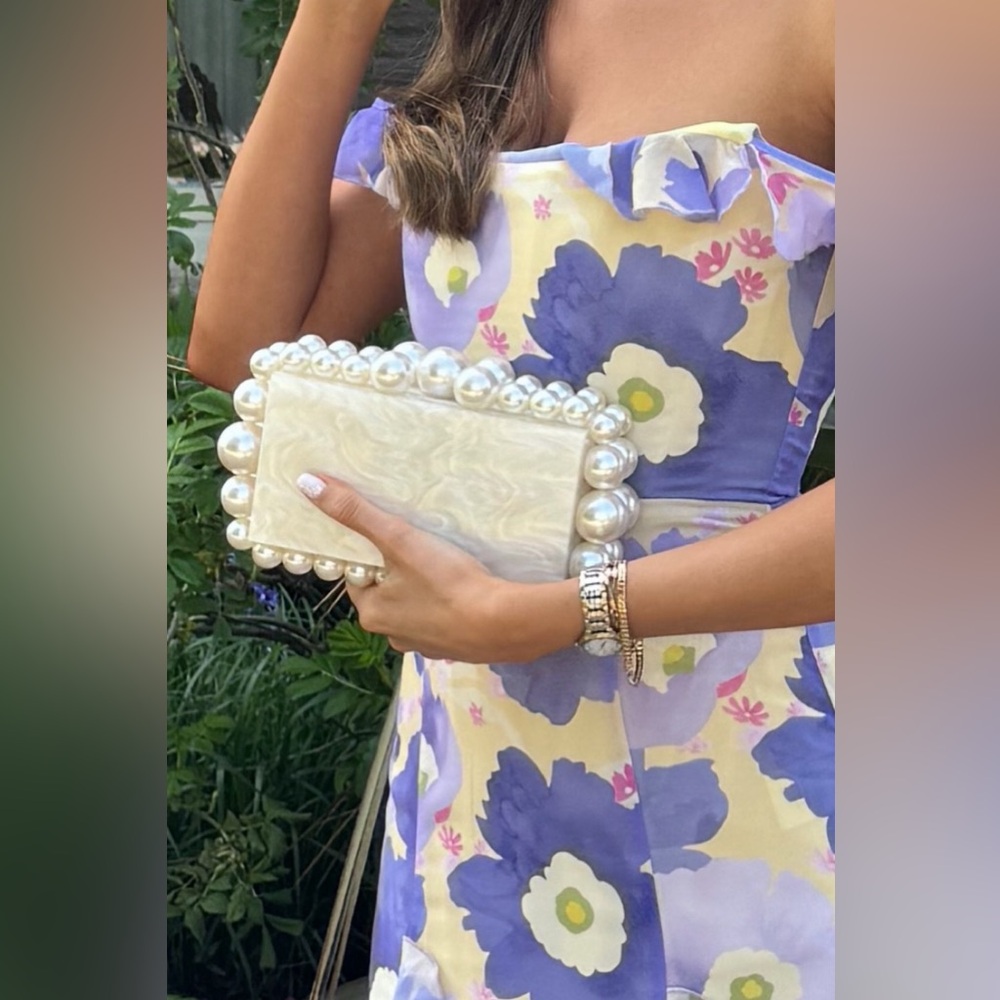 Pearl-Embellished Mother of Pearl Cream Clutch